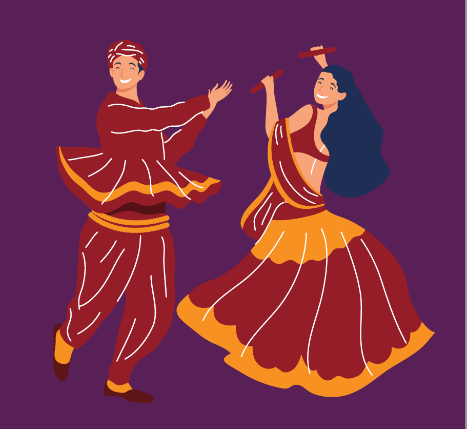 Free Vector | Beautiful couple playing dandiya in disco garba night sketch  background